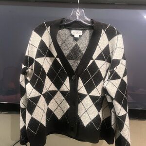 Velvet Black & White Argyle V-Neck Cardigan